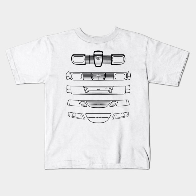 Saab evolution classic cars 1960s-2010s black outline graphic Kids T-Shirt by soitwouldseem